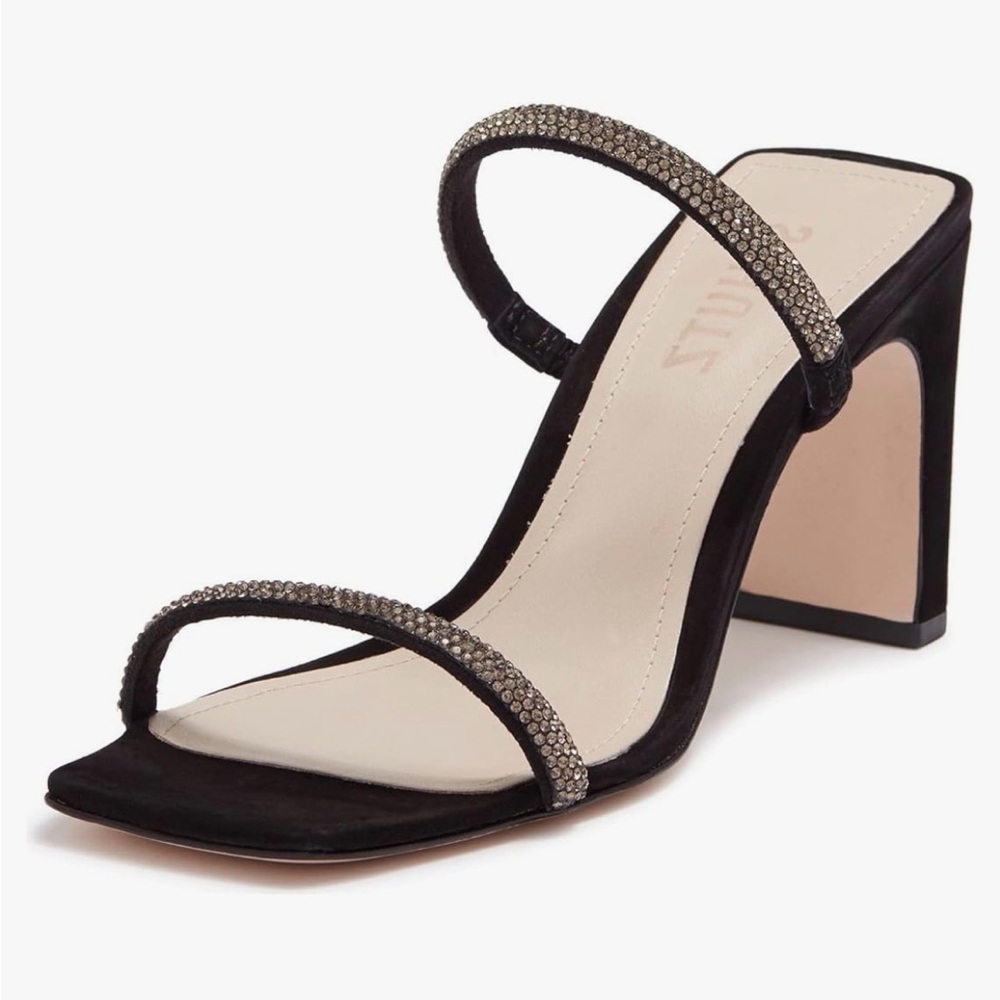 SCHUTZ Woman’s Salwa Black Suede Rhinestone Mid Mule Heel Sandals Size 9